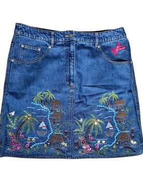 Oilily Blue Denim Mini Skirt with Tropical Embroidery
